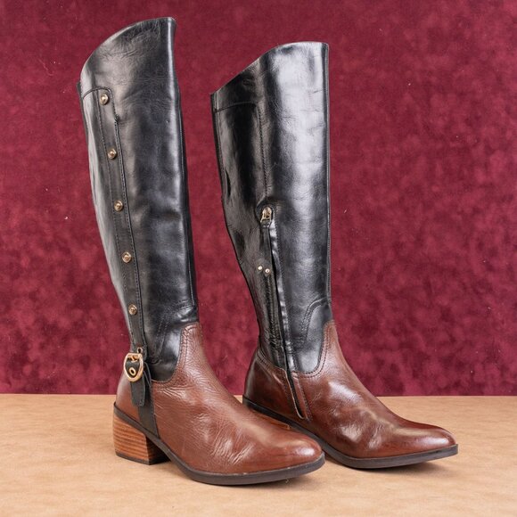 Lucca Lane Wmn Marella Brown Black Leather Riding Equestrian Buckle Boots sz 6.5 - Picture 1 of 11